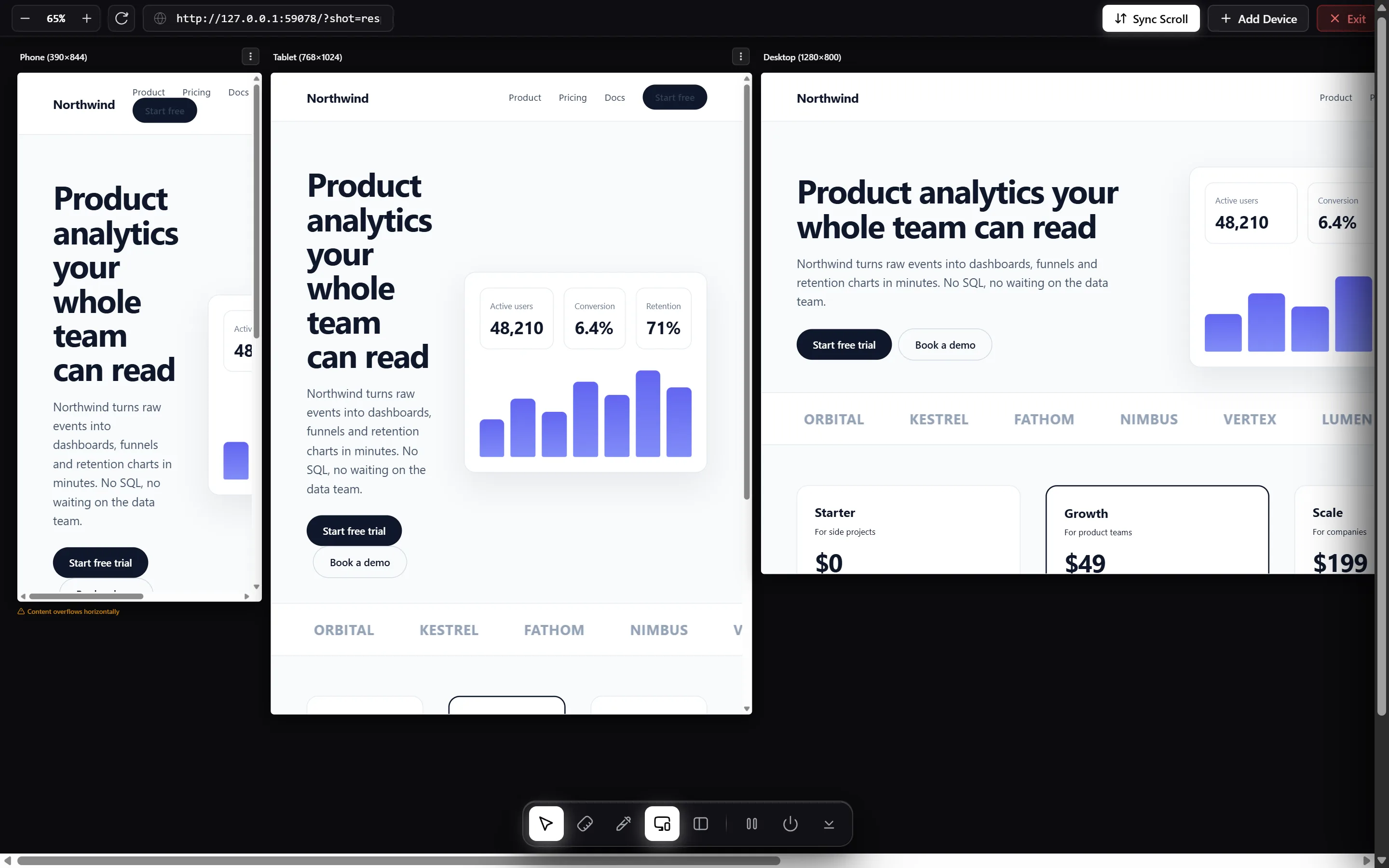 Phone, tablet and desktop previews of the same page side by side